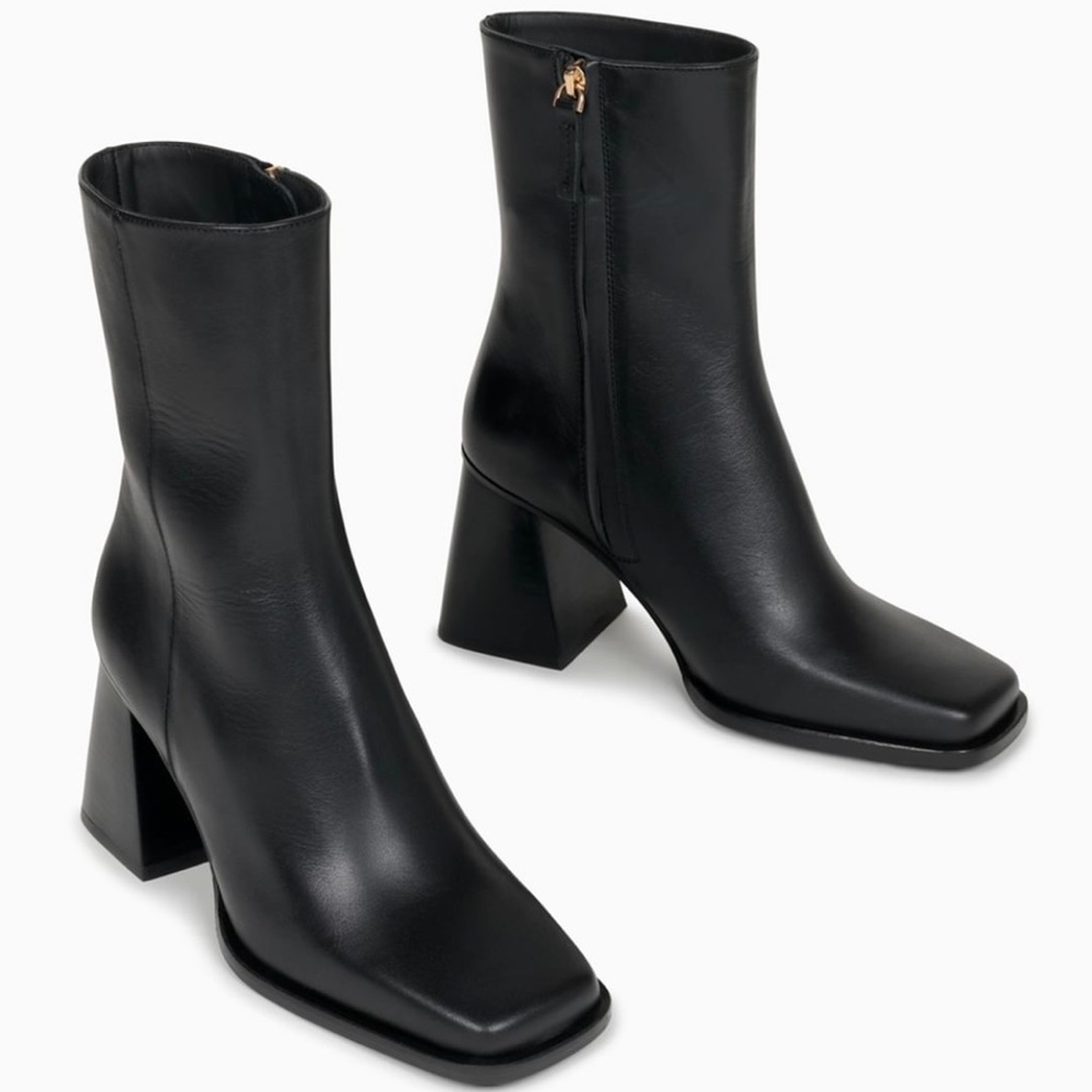 Women's Black Leather Ankle Booties with Block Heel